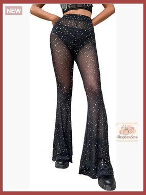 Sparkly Sequin Flare Pants Mesh Bell Leggings Y2K Rave Party Wear
